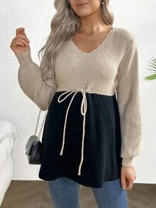 SHEIN Maternity Women's Colorblock V-Neck Long Sleeve Drawstring Waist Sweater, Autumn/Winter - Khaki - View 4
