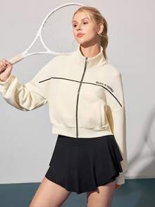 CourtClass Women's Autumn/Winter Thermal Lined Personalized Slogan Dropped Shoulder Drop Shoulder Loose Pocket Stand Collar Contrast Zipper Sports Casual Tennis Jacket - Apricot - View 1