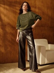 Anewsta Áo nỉ nữ rộng rãi, thường ngày đính đá lấp lánh, thời trang và đa năng - xanh quân đội - Xem 6