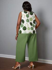 SHEIN PETITE CURVE 2 Stücke/Set Große Größen Rundhals Ärmelloses Top mit Rundumprint und farbige weite Hose - Grün - Übersicht 2