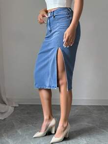 Elenzga Women's Casual Denim Skirt With Slits - Light Wash - View 4