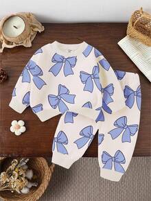 SHEIN Bộ 2 áo nỉ cổ tròn in nơ xanh dễ thương và quần nỉ cho bé gái, thời trang thường ngày, thu/đông - Nhiều màu - Xem 3