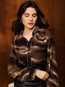 Anewsta 秋季新款现代缀饰渐变色印花女式衬衫 - 棕色 - 查看 5