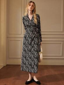 Écloséra 法式复古休闲不对称波点印花交叉V领收腰侧系带开衩黑色连衣裙，春秋 - 黑色 - 查看 3