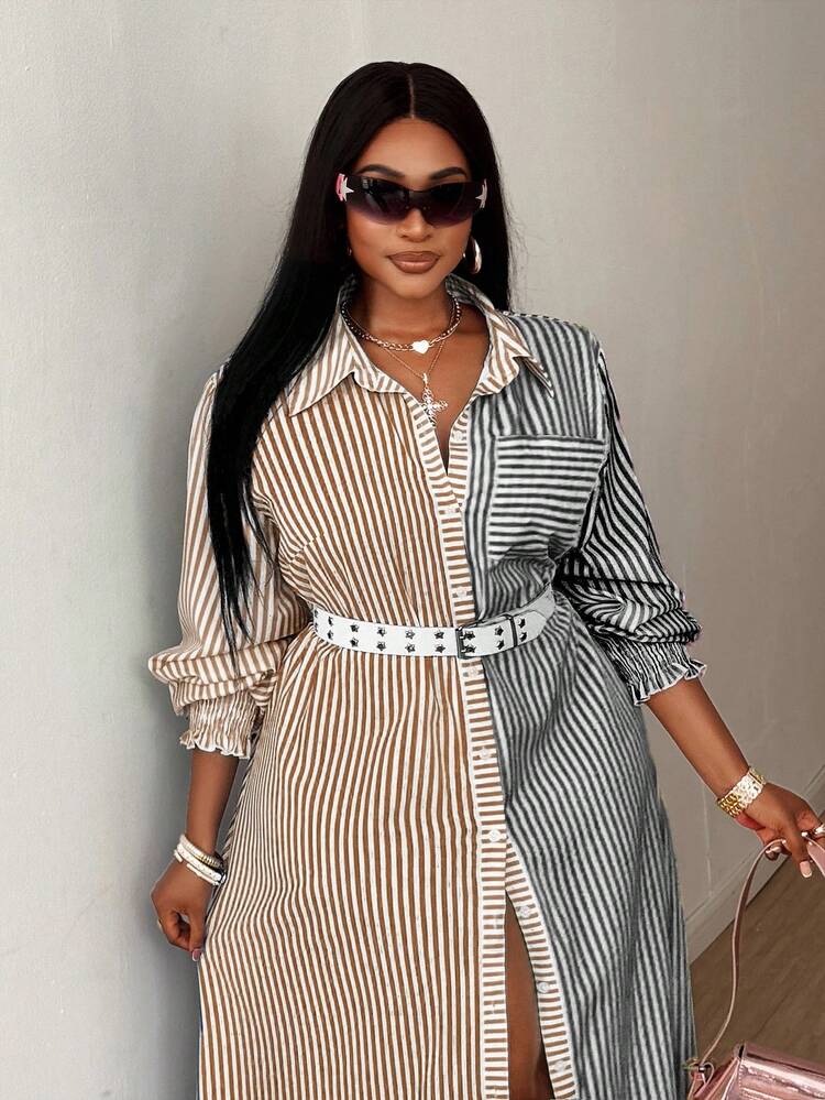 Maweii 2025 Robe d'été polyvalente à col montant, design mode avec fente haute, pour femmes rondes, imprimé blocs de couleurs rayé, manches bouffantes, idéale pour le quotidien et les sorties - Multicolore - Voir 4