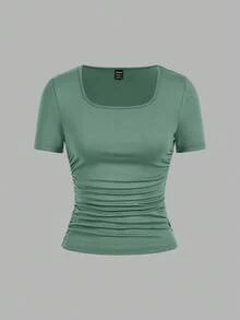SHEIN EZwear Bộ 4 áo thun cổ tròn tay ngắn màu trơn đơn giản thoải mái dành cho nữ, phù hợp cho mùa xuân/hè - Nhiều màu - Xem 10