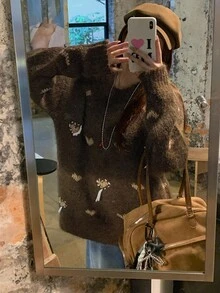 DAZY Women's Round Neck All-Over Heart Print Drawstring Pullover Casual Loose Long Sleeve Sweater Fall/Winter