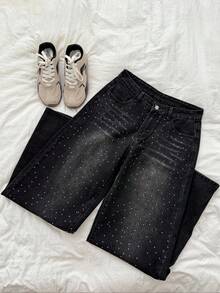 Attitoon 复古性感修身洗水钻缀饰阔腿牛仔裤 牛仔裤 闪光牛仔裤 水钻牛仔裤 - 黑色 - 查看 1