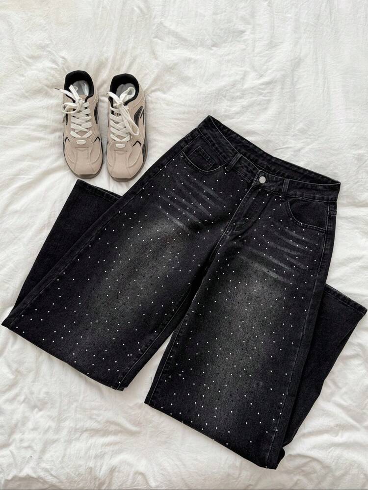 Attitoon Retro Sexy Slim Fit Washed Rhinestone Embellished Wide Leg Jeans Jeans Glittersparkle Jeansrhinestone Jeans, Fall Women Clothes - Black - View 1