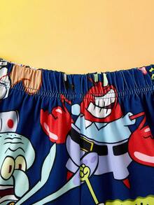 SpongeBob SquarePants | SHEIN 2 件套青少年男孩卡通图案圆领插肩袖长袖 T 恤和宽松针织裤睡衣套装 - 藏蓝色 - 查看 5