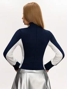 INAWLY Sweatshirt Wanita Motif Huruf & Angka Patchwork Warna Kontras - Blue and White - View 2