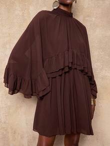 Lumalex VITNOS Váy ngắn dáng rộng màu cà phê thanh lịch, cổ đứng, viền bèo kép, thiết kế mới cho mùa thu, váy dạ hội gợi cảm cho nữ, váy dự tiệc cưới, váy trở lại trường, trang phục mùa thu - Cà phê - Xem 7