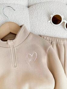 2pcs Baby Girl Fleece Sweatshirt & Pants Set, Heart Embroidery, Casual Outfit For Outdoor & Indoor Wear, Autumn/Winter Neutral Baby Clothes Baby Tracksuit Mocha Baby Clothes Two Piece Toddler Set Toddler Co Ord  Baby Fall Clothes Winter Clothes