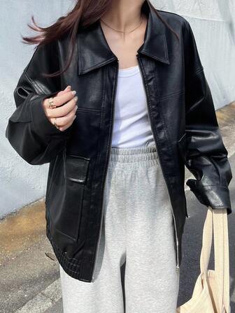 FRIFUL Women's Black Solid Color PU Fabric Drop Shoulder Long Sleeve Pocket Decor Loose Casual Versatile Regular Jacket, Suitable For Airport Travel, Autumn Leather Jacket Women Coats