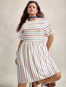 Zelara Vestido casual de verano con bolsillo, cuello redondo, manga corta y rayas de colores para mujeres de talla grande. Vestido de graduación, atuendo de verano y atuendo de vacaciones para mujeres