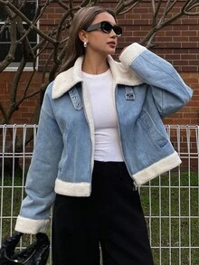 DAZY Women's Dropped Shoulder High Neck Zip-Up Casual Loose Padded Coat Winter Jacket - Blue - View 6