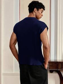 SWAVVY Áo ba lỗ tay ngắn dáng rộng thoải mái dệt kim cho nam, dành cho mùa thu đông - Màu xanh lam - Xem 2