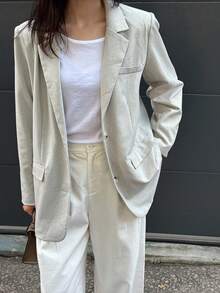 DAZY 女士宽松纯色翻领休闲街头复古风长袖外套，秋冬商务装 - 灰色 - 查看 6
