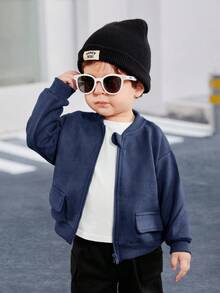 SHEIN Chaqueta de béisbol casual para bebé niño/niña, de tela suave tipo, con bolsillos decorativos, corte relajado, versátil y a juego con todo, estilo callejero cómodo y sencillo, adecuado para salidas, otoño - Azul Marino - Ver 9