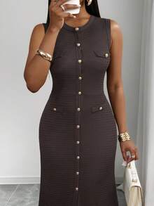 SHEIN PETITE CURVE Đầm không tay cổ tròn màu trơn thanh lịch cỡ lớn, thích hợp để đi làm - màu nâu - Xem 4