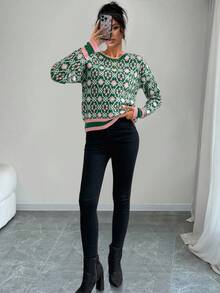 EMERY ROSE Women's Full Print Color Block Crew Neck Long Sleeve Knit Pullover Sweater, Fashionable For Autumn/Winter Knit Pullover Fall - Green - View 4