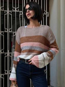 DAZY Loose Striped Crew Neck Long Sleeve Casual Sweater For Women, Spring/Autumn