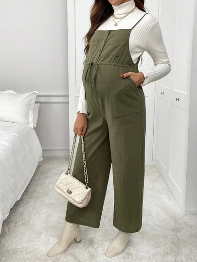 SHEIN Maternity Solid Color Button Design Drawstring Waist Pocket Casual Jumpsuit Pregnant Outfits Maternity Clothes Jumpsuits Maternity Jumpsuits Pregnancy Outfit Maternity Overalls Winter Clothes Chic
