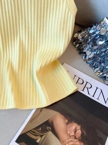 Modelyn 女式夏季休闲刺绣黄色针织背心 - 黃色 - 查看 5