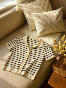 BizChic Women's Turndown Collar Striped Button Knit Sweater, Ladies Knitted Top For Urban Commuting, Business Casual, Basic Outerwear, Elegant Attire - Apricot - View 3