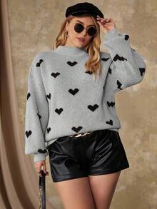 Vionelle Plus Heart Pattern Mock Neck Drop Shoulder Sweater, For Winter Knit Pullover Fall Autumn - Grey - View 5