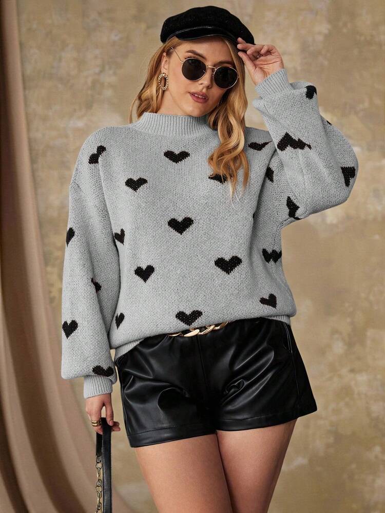 Plus Heart Pattern Mock Neck Drop Shoulder Sweater, For Winter Knit Pullover Fall Autumn