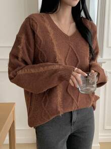 DAZY Damen Loose Fit V-Ausschnitt Langarm einfarbiger Vintage Lässig Strickpullover, Herbst/Winter - Braun - Übersicht 4