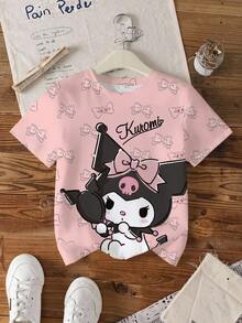 HELLO KITTY AND FRIENDS | SHEIN 青少年女孩字母和卡通图案圆领短袖T恤 - 白色 - 查看 1