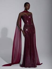 Elitara 优雅奢华深红色串珠刺绣手工抽绳贝壳领性感开衩 A 字形鱼尾裙，带缎带，女士正式晚礼服 - 酒紅色 - 查看 8