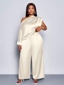 SOLERSUN Women's Fashionable Solid Color Elegant Ruched Asymmetrical Neck Stylish And Sophisticated Batwing Sleeve Asymmetrical Hem Satin Blouse & Straight-Leg Elegant Long Pants Sets