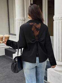 Elegantrix Plus Size Elegant Commuter Solid Color Lace Patchwork Bow Decor Blouse - Black - View 3