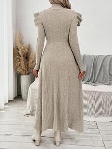 SHEIN Elegant Autumn Maternity Photoshoot Dress, Pregnant Women Stand Collar Ribbed Dress,Long Sleeve Solid Bump Friendly Fall Casual Dress - Apricot - View 2