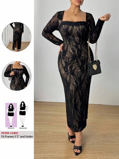 SHEIN PETITE CURVE 大码女式新款秋冬派对/约会/宴会性感S形蕾丝长袖罩杯束腰领修身及地长黑色连衣裙，女士夏季连衣裙，茶会连衣裙