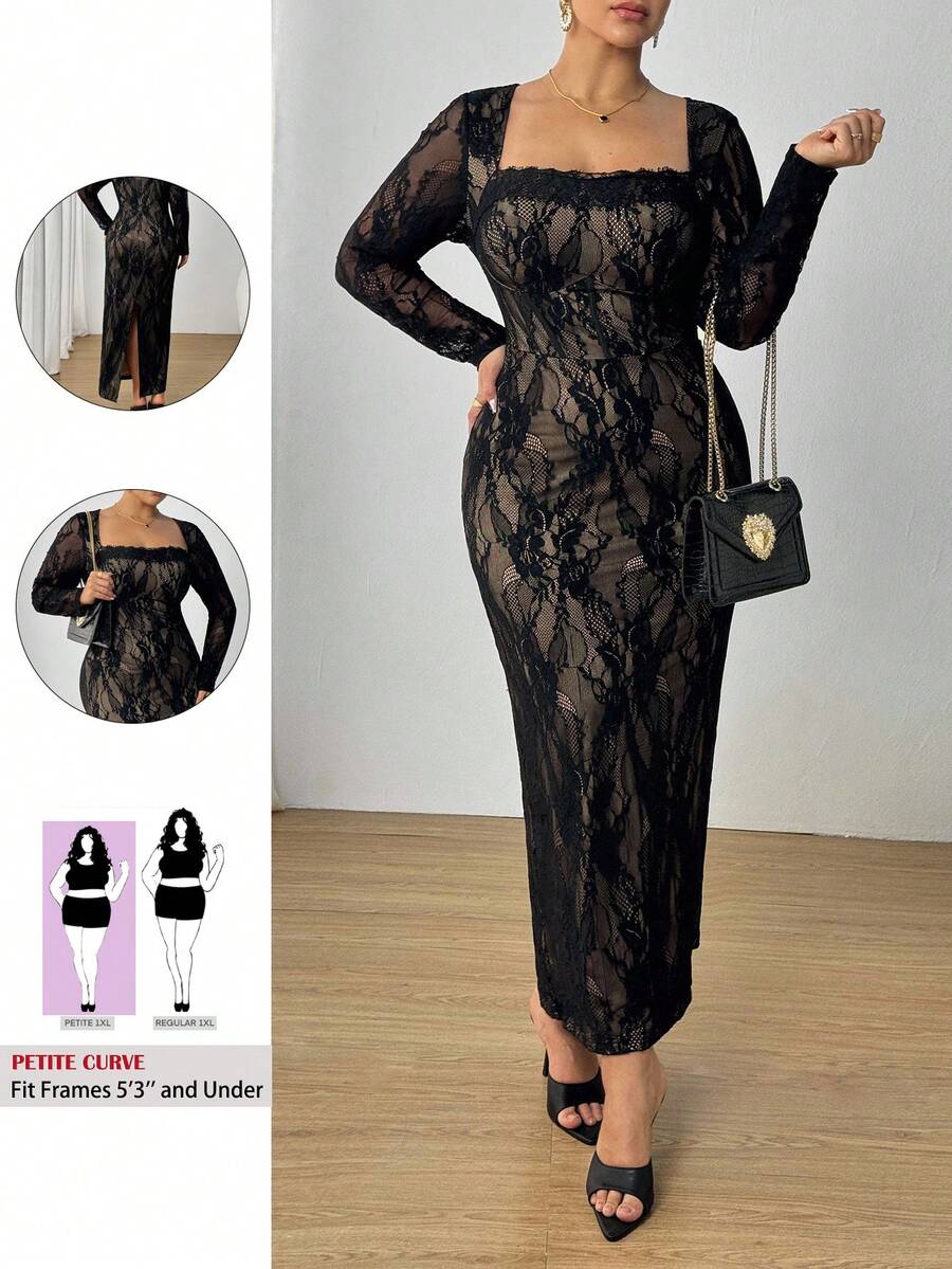 SHEIN PETITE CURVE 大码女式新款秋冬派对/约会/宴会性感S形蕾丝长袖罩杯束腰领修身及地长黑色连衣裙,女士夏季连衣裙,茶会连衣裙 - 黑色 - 查看 1