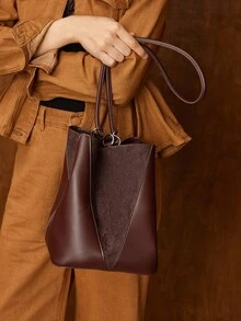 MOTF PREMIUM WOMEN'S SOFT SUEDE PATCHWORK BUCKET BAG ESPRESSO BROWN - Coffee Brown - View 8