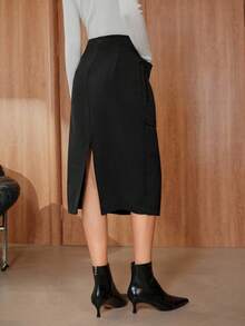 SHEIN Unity Women's Casual Versatile Simple Crisp Double Pocket A-Line Skirt Fall Cloth For Women - Black - View 2