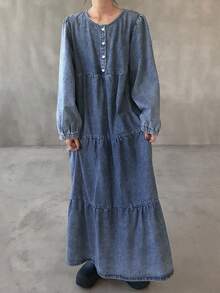 FRIFUL 女式宽松休闲牛仔长袖连衣裙 - 藍色 - 查看 4