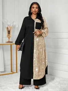 SHEIN Lady Áo sơ mi dệt cổ trụ màu xanh navy, giản dị, thanh lịch, công sở, tay dài, túi hộp, dài tay, cỡ lớn, mùa thu đông - Nhiều màu - Xem 4