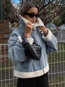 DAZY Women's Dropped Shoulder High Neck Zip-Up Casual Loose Padded Coat Winter Jacket - Blue - View 1