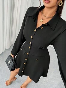 Elenzga 大码女式优雅腰部收紧长袖衬衫裙，简约设计，适合办公室/工作通勤，适合春季、秋季、冬季 - 黑色 - 查看 7