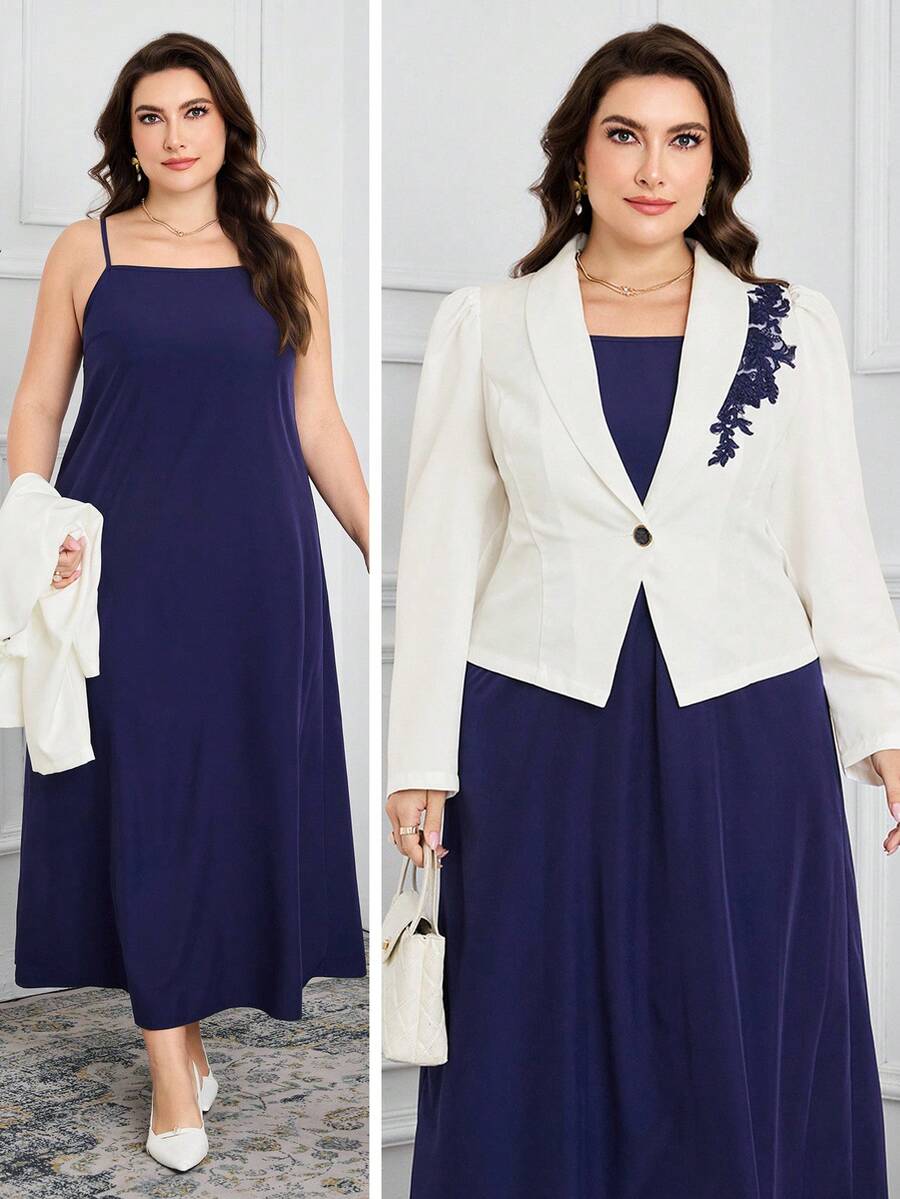 Modelyn 大码女式秋季贴花装饰泡泡袖夹克和吊带裙优雅套装 - 彩色 - 查看 1