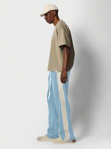 SUMWON 复古阔腿慢跑裤 休闲抽绳家居服 条纹侧边饰带 喇叭裤脚 秋冬街头风 日常舒适 纯色 - 淺藍色 - 查看 3