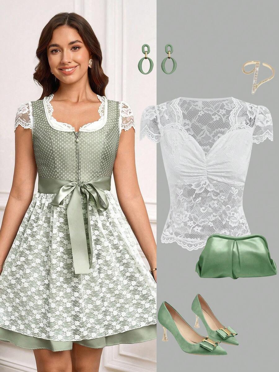 SHEIN Clasi Elegant Solid Color Sweetheart Neck Lace Blouse, Suitable For Oktoberfest - White - View 1