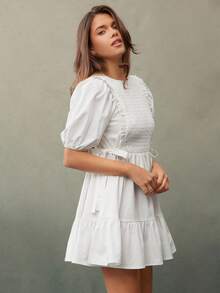 WESTFADE Đầm mini tay bồng xếp nếp cổ tròn thắt nơ hai bên, chất liệu cotton pha trộn, dễ thương, trang phục phương Tây dễ thương cho nữ, mùa thu, mùa đông, trang phục Boho - trắng - Xem 5