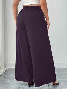 Elenzga Plus Size Black Elastic Waist Wide Leg Casual Pants, Comfortable Fabric Suitable For Commuting & Business, Spring/Summer/Autumn - Purple - View 2